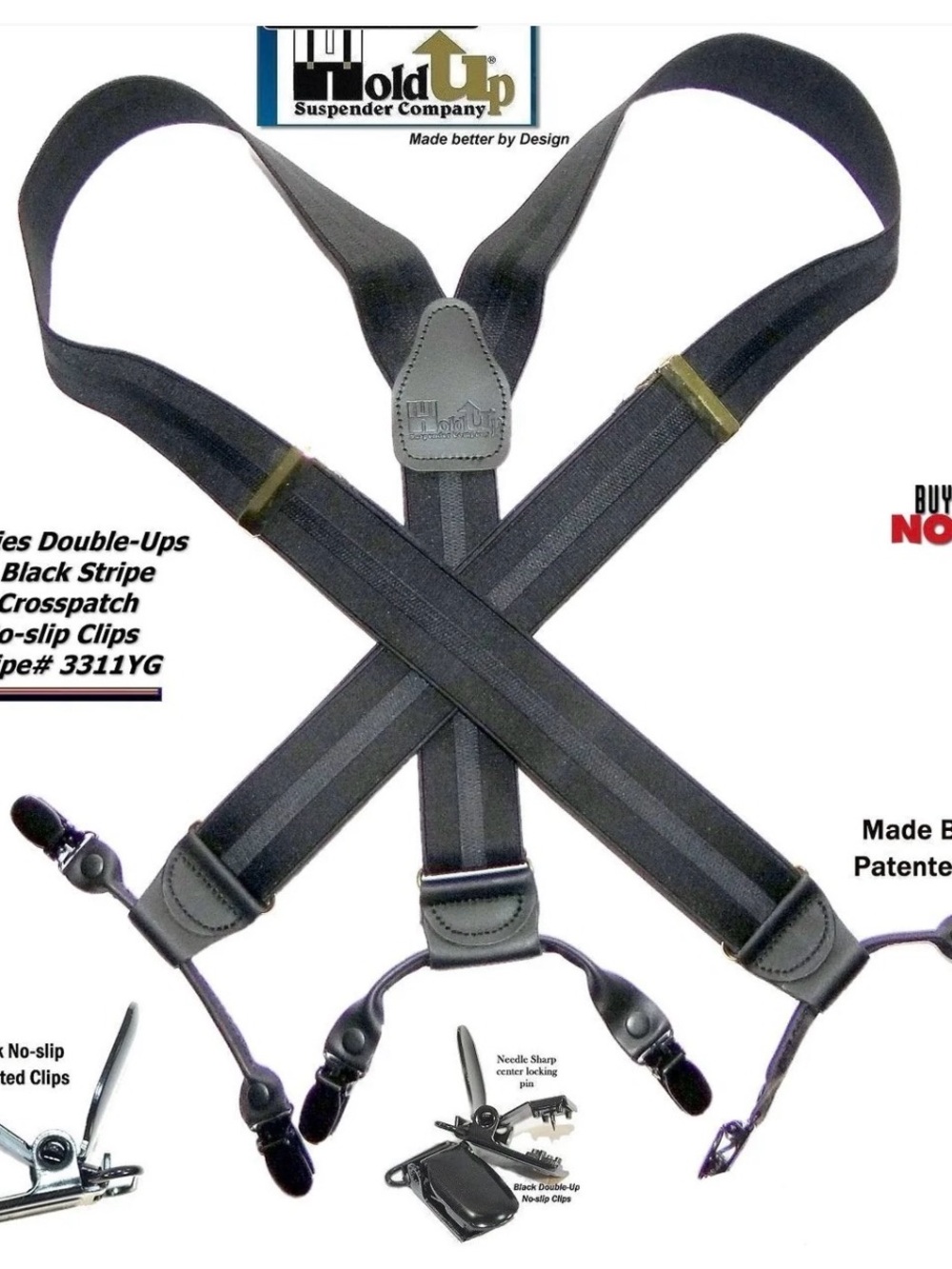 Hold-Up Black Elastic Suspenders with Leather Y-Back